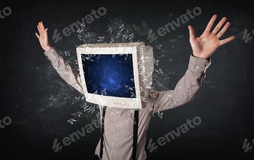 Preview: Computer Monitor Screen Exploding On A Young Persons Head Concept