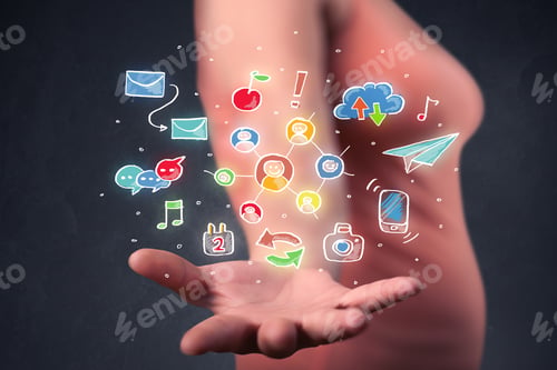 Preview: Colorful Hand-Drawn Social Media Icons In The Hands Of Young Casual Businesswoman