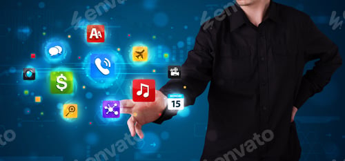 Preview: Young Man Pressing Various Collection Of High Tech Buttons