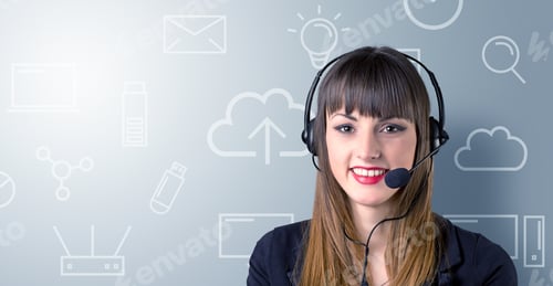 Preview: Young Female Telemarketer With White Mixed Media Icons Around Her