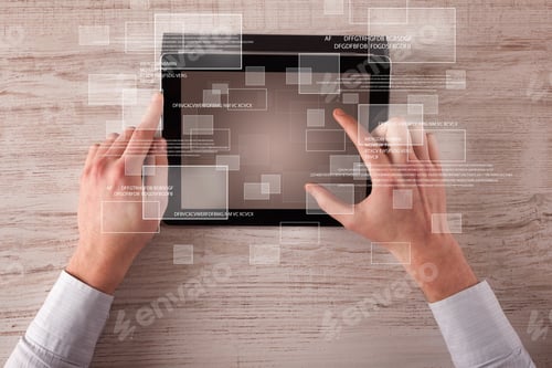 Preview: Caucasian Business Hands Holding And Working On Tablet