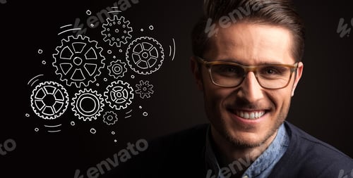 Preview: Portrait Of A Young Businessman With Rotating Gears Next To Him On A Dark Background