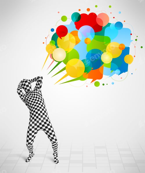 Preview: Strange Funny Guy In Morphsuit Looking At Colorful Speech Bubbles