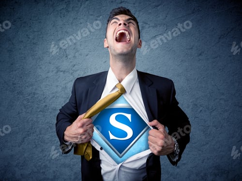 Preview: Businessman Ripping Off His Shirt With Superhero Sign On His Chest Concept On Background