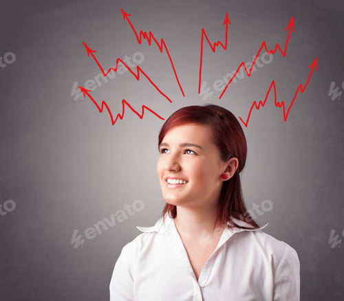 Preview: Young Woman Standing And Thinking With Arrows Overhead