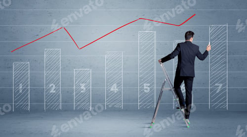 Preview: A Man In Elegant Suit Standing On A Small Ladder And Drawing A Chart On Blue Wall Background With