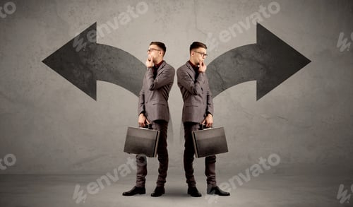 Preview: Young Conflicted Businessman Choosing Between Two Directions Represented By Black Arrows