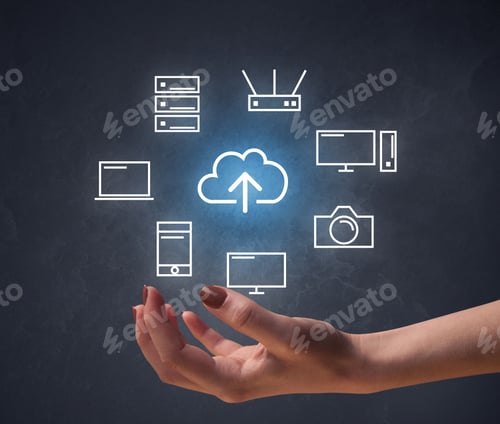 Preview: Cloud And Computing Related Icons Hovering Over Young Hand