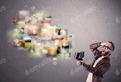 Preview: A Funny Stylish Hipster Guy Capturing Moments And Memories With A Retro Photo Camera Illustration