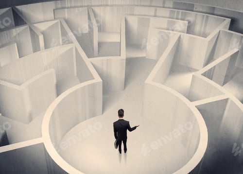 Preview: A Confused Businessman Standing In The Center Of A Maze Surrounded With Walls Of The Labyrinth
