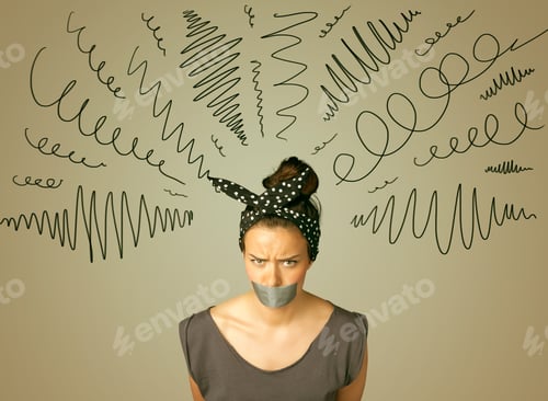 Preview: Young Woman With Taped Mouth And Curly Lines Around Her Head