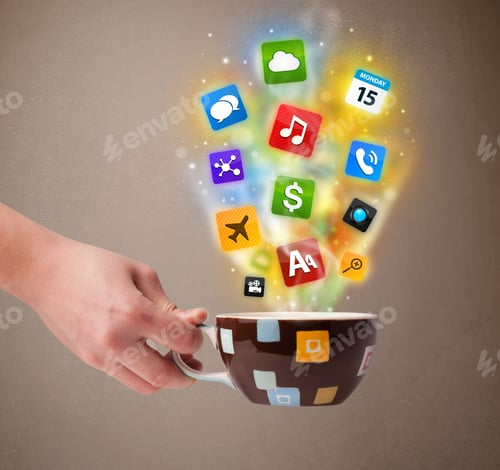 Preview: Coffee Mug With Colorful Media Icons, Close Up