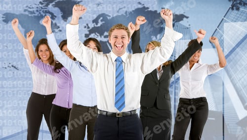 Preview: Happy Business Team With Arms Up Smiling