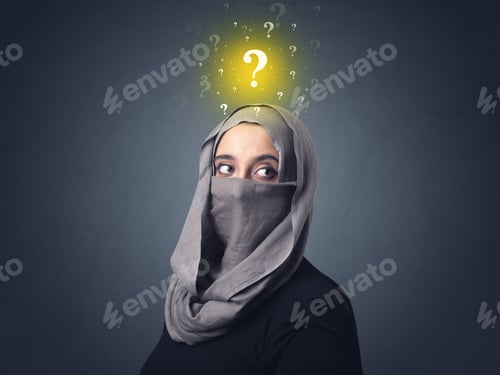 Preview: Young Muslim Woman Wearing Niqab With Yellow Question Marks Above Her Head