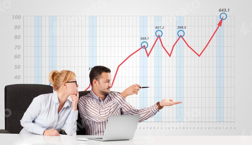 Preview: Young Businessman And Businesswoman Calculating Stock Market With Rising Graph In The Background