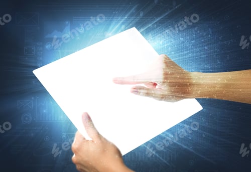 Preview: Young Female Hand Holding A Tablet With Faded Charts In The Background