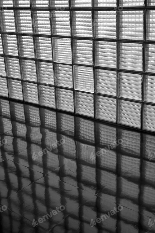 Preview: Wall Of Opaque Window Panes And Reflections On Linoleum Floor