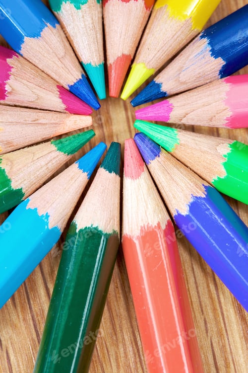 Preview: Assorted Colour Pencils Close Up In Perspective With Focus On The Tips