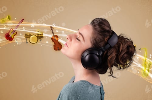 Preview: Pretty Young Woman Listening To Music, Instruments Concept