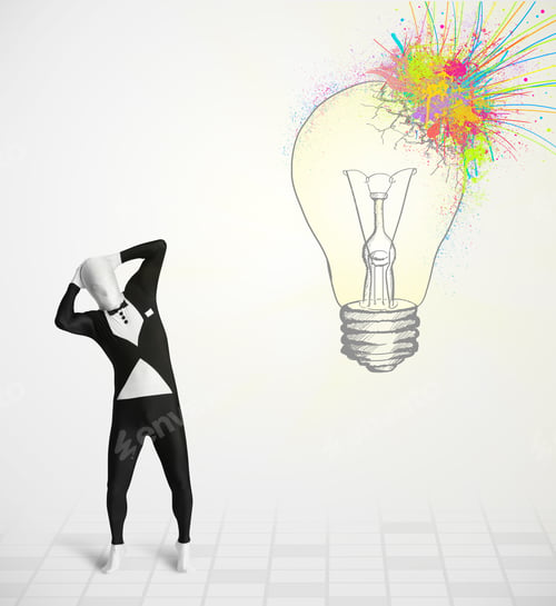 Preview: 3D Human Character Is Body Suit Morphsuit Looking At Abstract Colorful Lightbulb