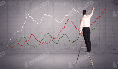 Preview: A Guy In Modern Suit Standing On A Small Ladder And Drawing A Chart On Grey Wall Background With