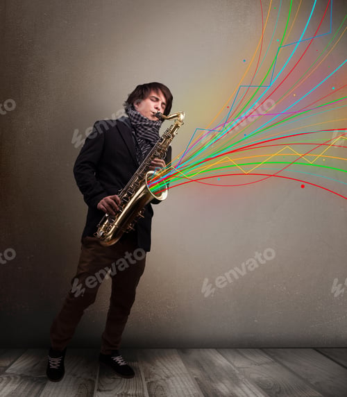 Preview: Attractive Young Musician Playing On Saxophone While Colorful Abstract Lines Exploding
