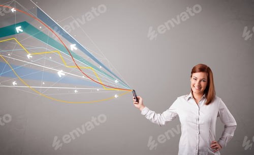 Preview: Pretty Young Lady Standing And Holding A Phone With Colorful Abstract Lines And Arrows