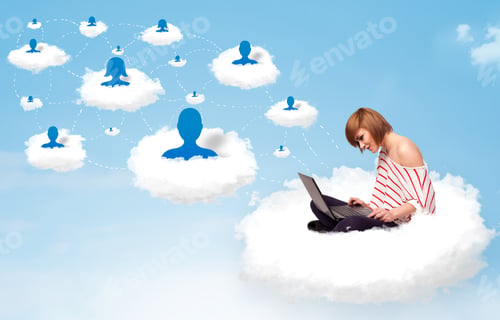 Preview: Pretty Young Woman Sitting In Cloud With Laptop, Social Network Concept