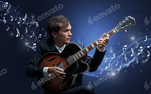 Preview: Man Plays Guitar with Musical Notes Backdrop