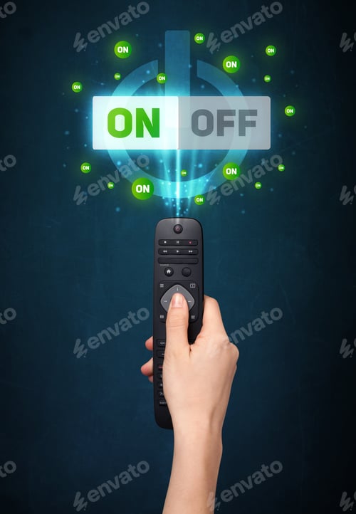 Preview: Hand Holding A Remote Control, On-Off Signal Coming Out Of It