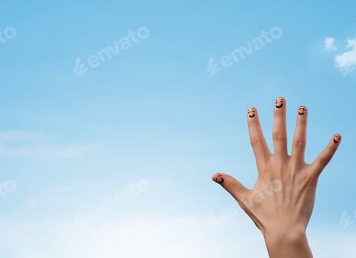 Preview: Happy Cheerful Smiley Fingers Looking At Clear Blue Sky Copyspace