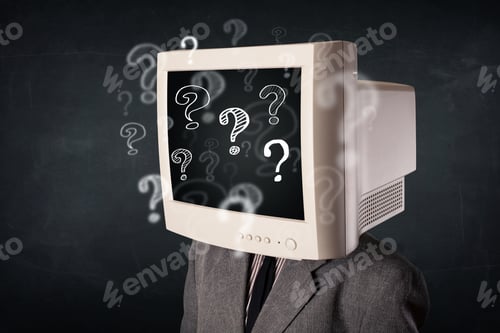 Preview: Businessman With A Computer Monitor Head And Question Marks