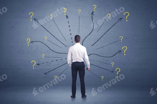 Preview: Businessman Standing In Front Lines And Question Mark Signs Concept On Background