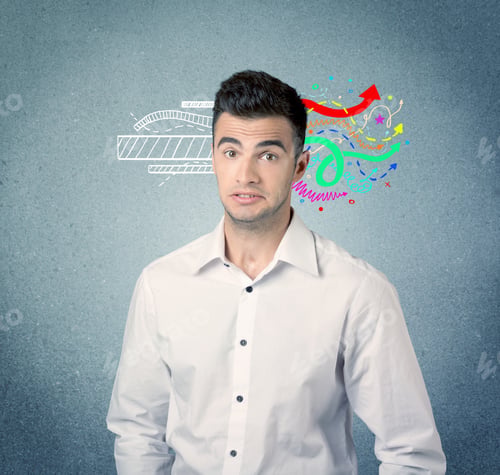 Preview: A Handsome Sales Person Standing In Front Of A Blue Urban Concrete Wall With Illustration