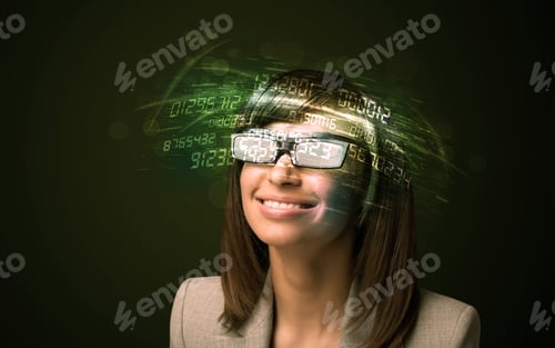 Preview: Business Woman Looking At High Tech Number Calculations Concept