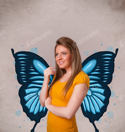Preview: Cute Young Girl With Butterfly Blue Illustration On The Back