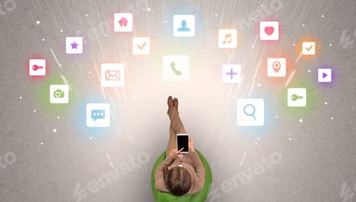 Preview: Application Symbols With Ith Woman Using Device In A Beige Chair