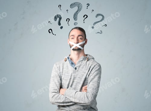 Preview: Young Man With Taped Mouth And Question Mark Symbols Around His Head