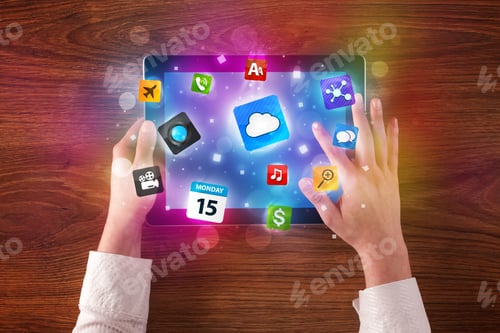 Preview: Caucasian Business Hands Holding And Working On Tablet