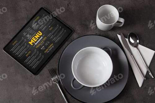 Preview: Empty Plate And Tableware With Online Order Menu