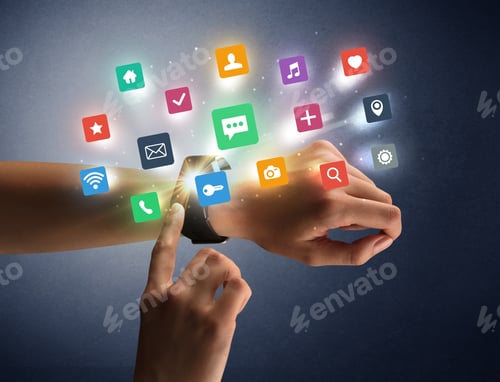Preview: Naked Female Hand With Smartwatch And Application Labels Around And Dark Background