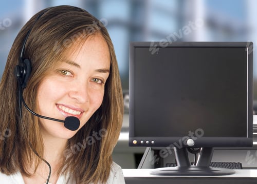 Preview: Business Woman Smiling. Customer Service Center With Screen. Good For You To Write Or Place An