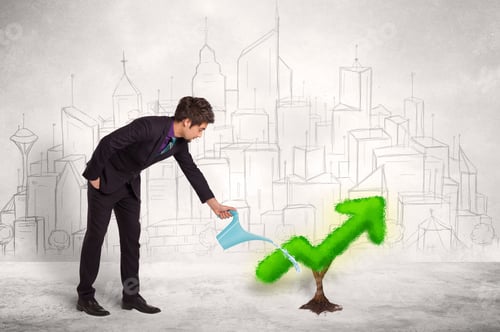 Preview: Business Man Watering Green Plant Arrow Concept On Background