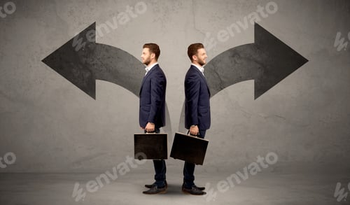 Preview: Young Conflicted Businessman Choosing Between Two Directions Represented By Black Arrows