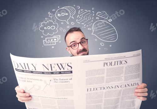 Preview: Puzzled Young Businessman Reading Daily Newspaper With Speech Bubbles Above His Head