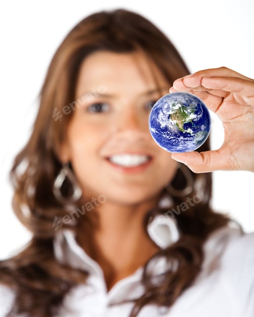 Preview: Business Woman With The World In Her Hands Isolated Over A White Background