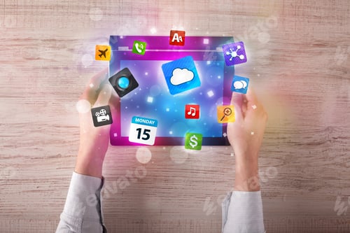Preview: Caucasian Business Hands Holding And Working On Tablet