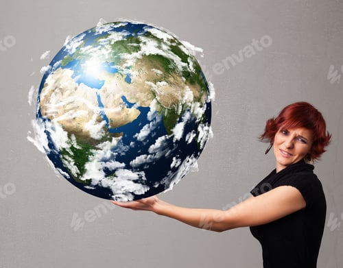 Preview: Pretty Young Girl Holding 3D Planet Earth