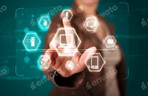 Preview: Young Girl Pressing Virtual Media Type Of Buttons