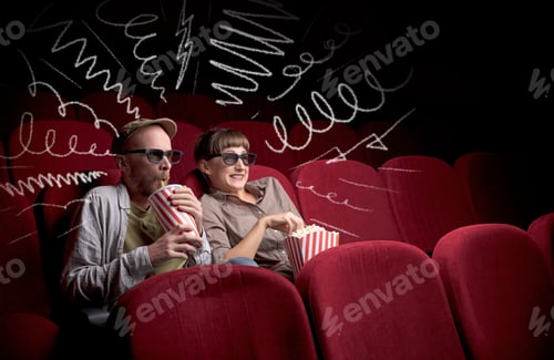 Preview: Young Cute Couple Sitting In Cinema, And Eating Popcorn While Watching Movie With Doodle Graphics